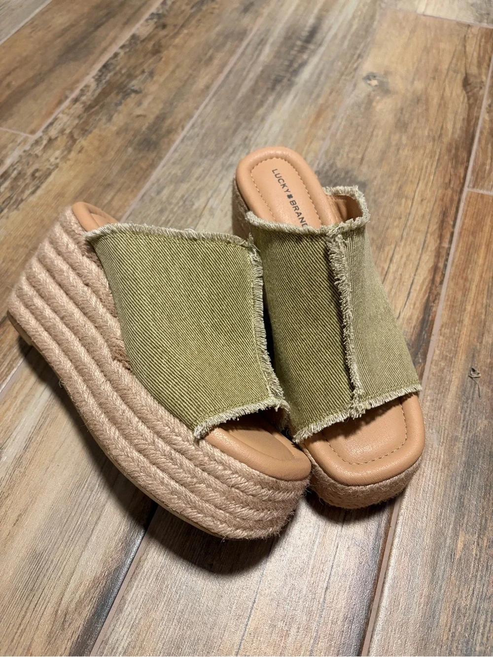 Lucky Brand Olive Green Frayed Canvas Platform Slide Sandals